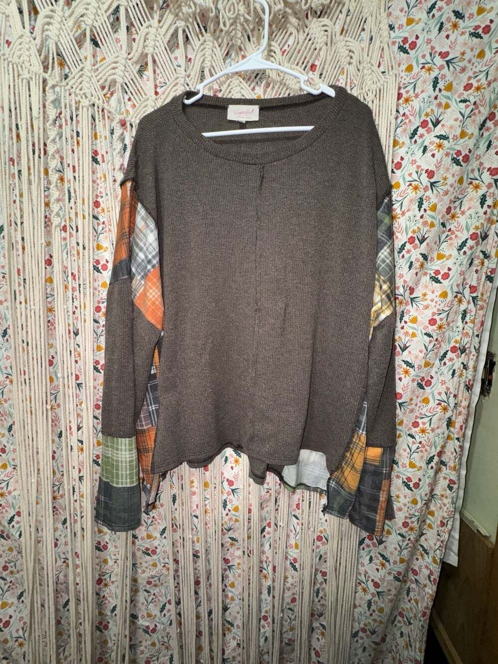 Sugarfox Brown Patchwork Plaid Sleeve Waffle Knit Top Size 3X